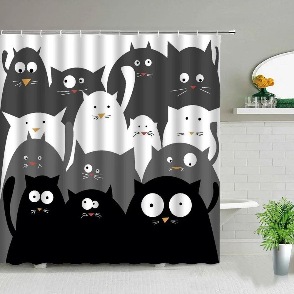 Funny Little Cat Dog Bathing Shower Curtain Cartoon Animals Printed Bathroom Curtain Set Waterproof Polyester Fabric Bath Screen
