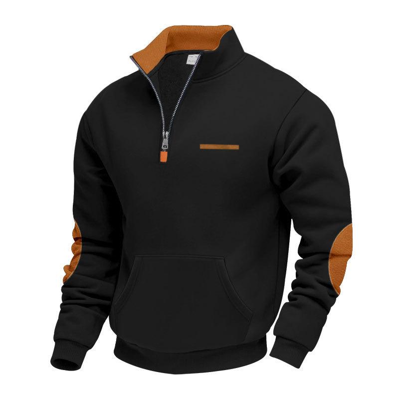 New Autumn/Winter Heavyweight Fleece-Lined Men's Patchwork Zipped Stand-Up Collar Sweatshirt for Outdoor Sports