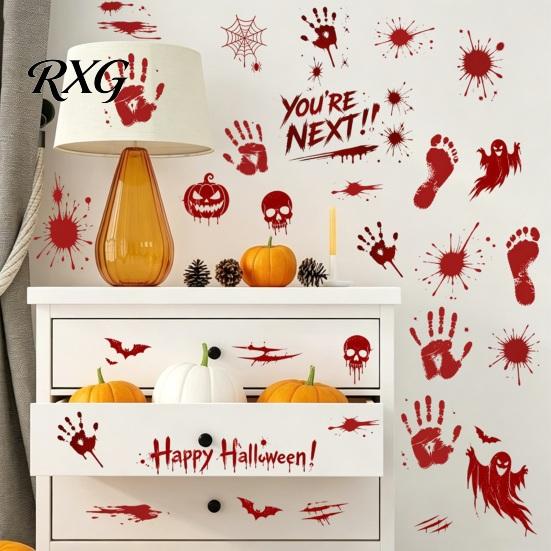 PVC Scary Footprint Decals Halloween Horror Stickers, with Spooky Handprints Footprints Printed, Self-adhesive Skeleton Wall Art Decals, for Party And