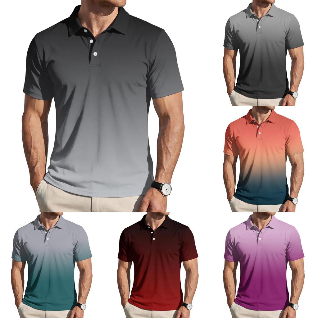 Men Loose Fit Casual Gradient Print Short Sleeve T Shirt with Turn Down Collar Comfortable Soft Fabric Stylish Design