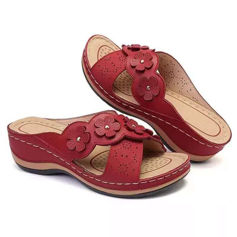 

Summer female cross retro flower super comfortable flat bottom round head casual beach female cool 35 красный