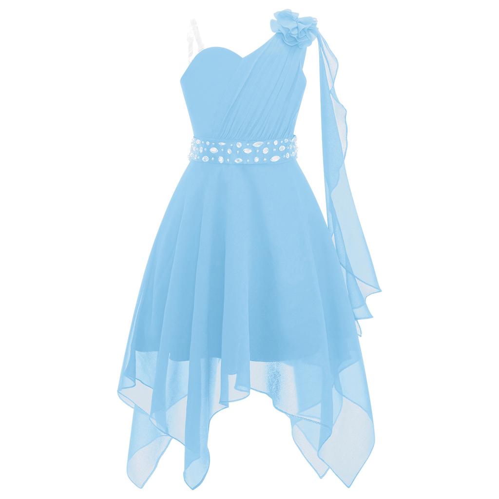 Girls One Shoulder Sleeveless Flower Girl Dress Kids Ruched Applique Pageant Wedding Bridesmaid Dresses