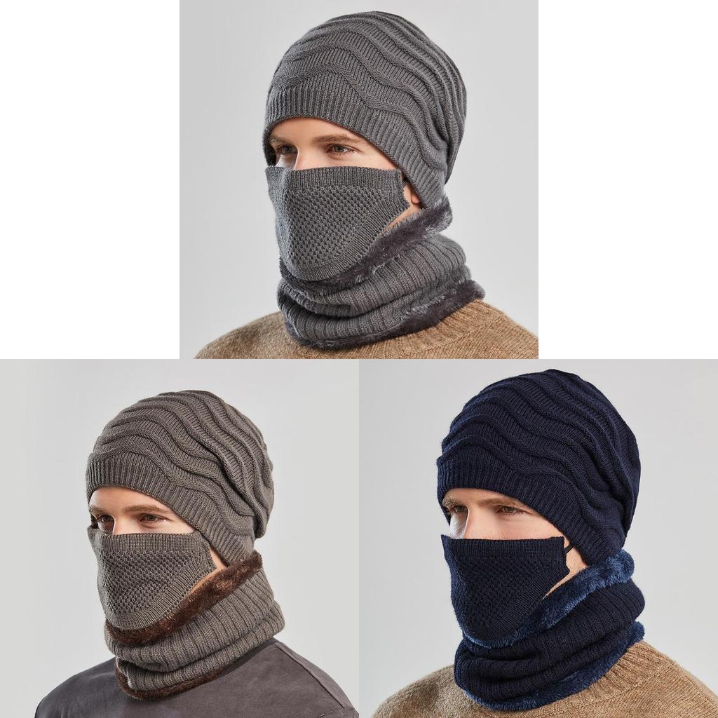 Knitted Hat Men Winter Warmth Windproof Cap Scarf Threepiece Set For Commuting