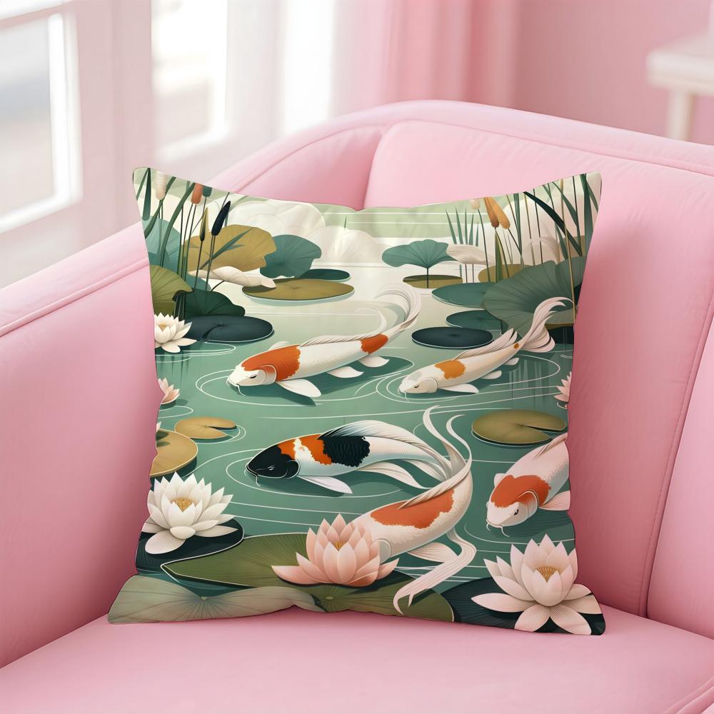 Natural Fun Koi Fish lotus Cushion Cover Pillow Case Soft Skin Friendly Fabric  Concealed Zipper