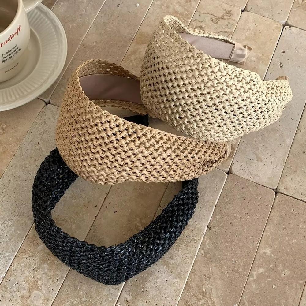Elegantes Strohgeflecht-Stirnband Boho-Stil Breite Kante Haarreif Rattan-Geflecht Haarband für Damen
