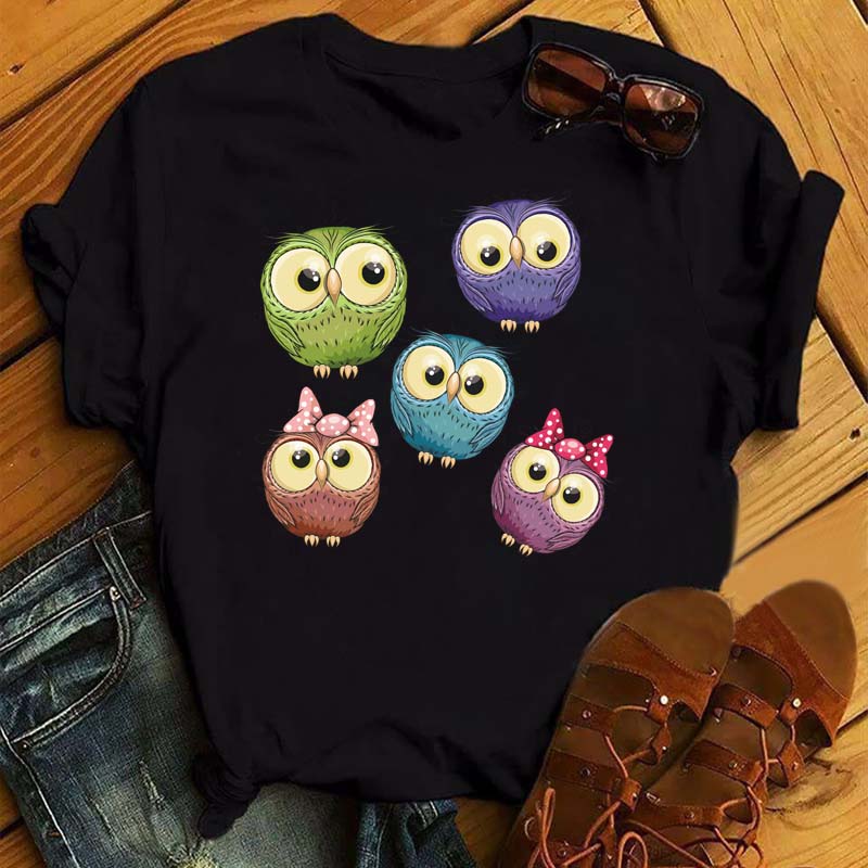 Cute Cartoon Owl Print Graphic T-shirt Women's Casual Short-sleeved O-neck Harajuku Top