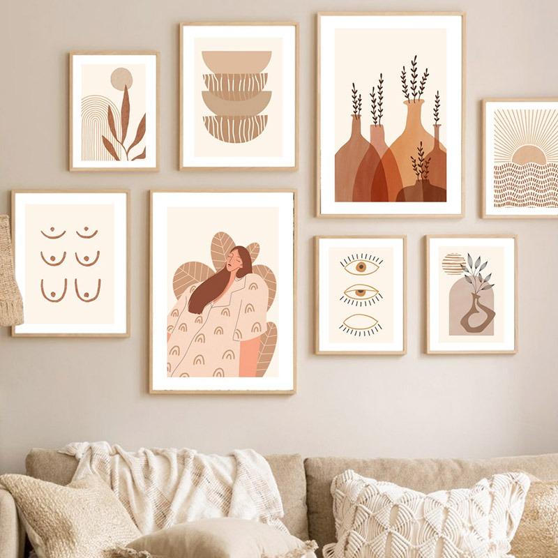 Boho Linien Sonne Mädchen Vase Blatt Regenbogen Geometrie Wandkunst Leinwand Malerei Nordische Poster und Drucke Bilder für Wohnzimmer Dekor