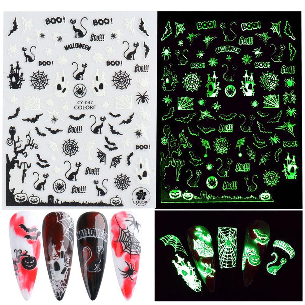 Adhesive Skull Pumpkin Spider Web Manicure Luminous 3D Halloween Nail Stickers Glow In The Dark