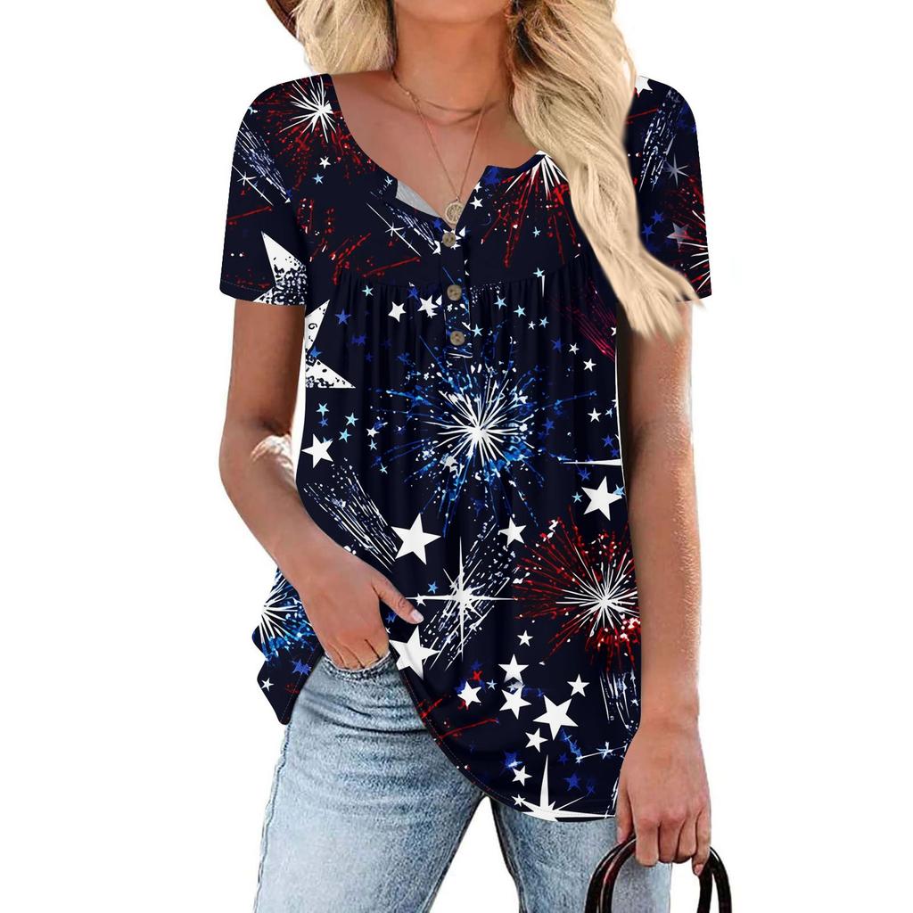 Women Tunic Tops Dressy Casual Summer Short Sleeve Shirts Loose Fit Pleated Boho Top Independence Day