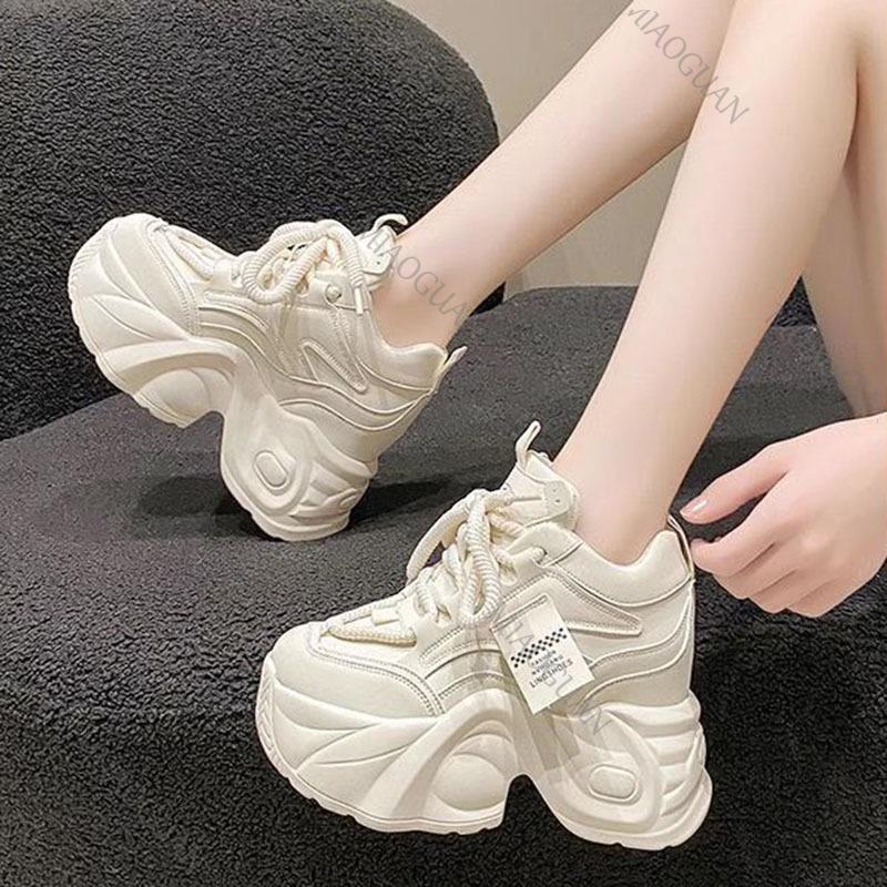 Fashion Women High Platform Sneakers Spring Autumn Lace-up Chunky Tennis Shoes Beige Thick Sole Casual Shoes Woman Sport Leather Sneaker