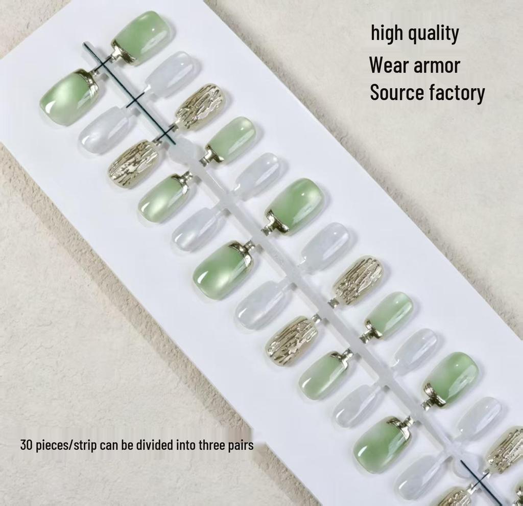 Ice-Clear Cat Eye Jade Green Wearable Short Nails with Gold Foil