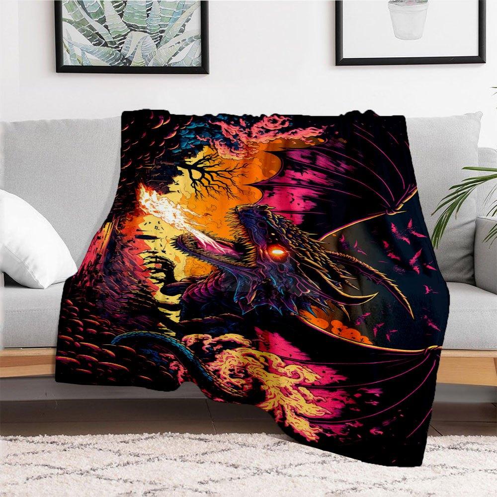 "Flaming Dragon Fantasy Art Print - Epic Creature Wall Decor"Blanket Flannel Throw Blanket for Sofa, Bed, Travel, Camping, Office, Couch, Ch