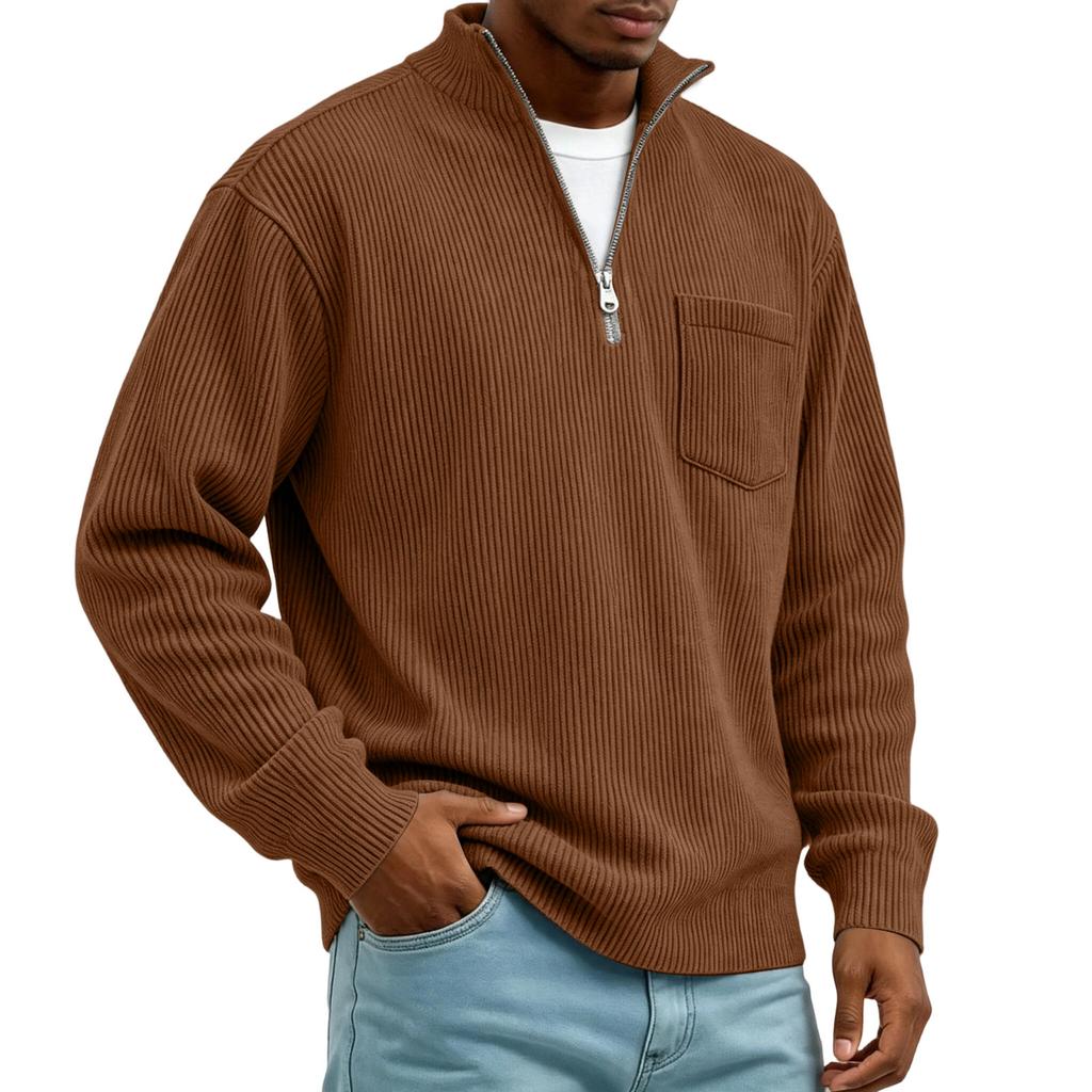 Men's Corduroy Long Sleeve Mock Neck Pullover with Front Pocket Casual Retro