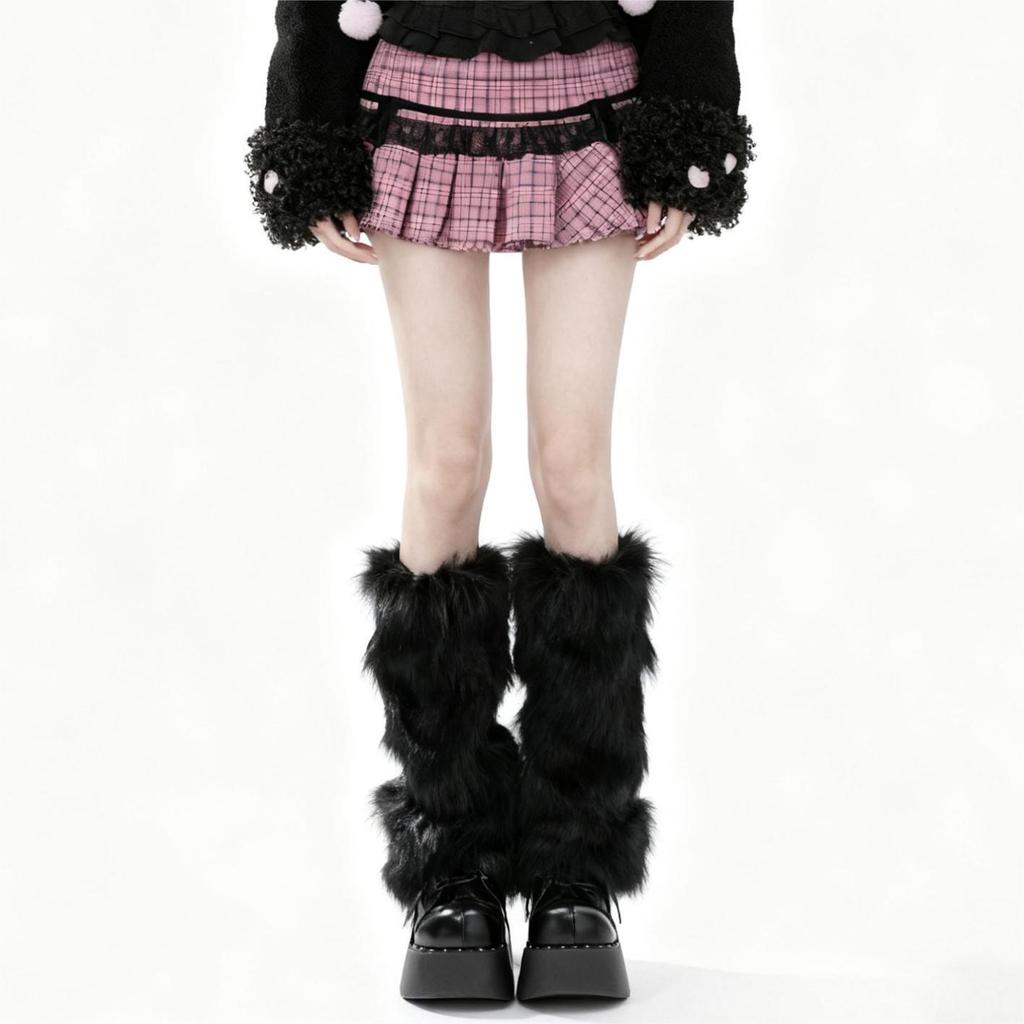y2k Plush thickened warm leg warmers for autumn and winter, faux fur leg covers, retro subculture style, fluffy and plush