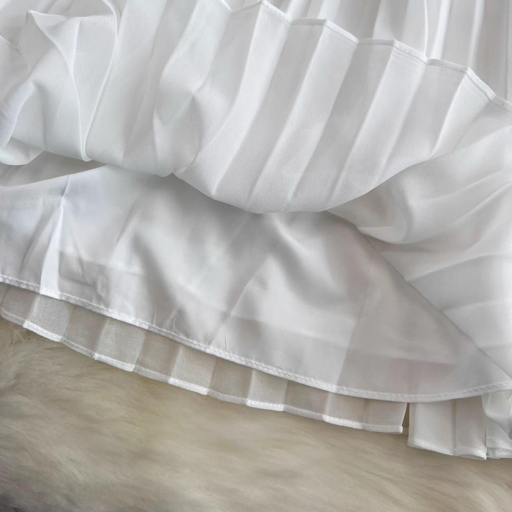 Summer Elegant Crochet Lace Patchwork Chiffon Pleated Dress Women's Short Sleeve Runway Party Dresses With Belt