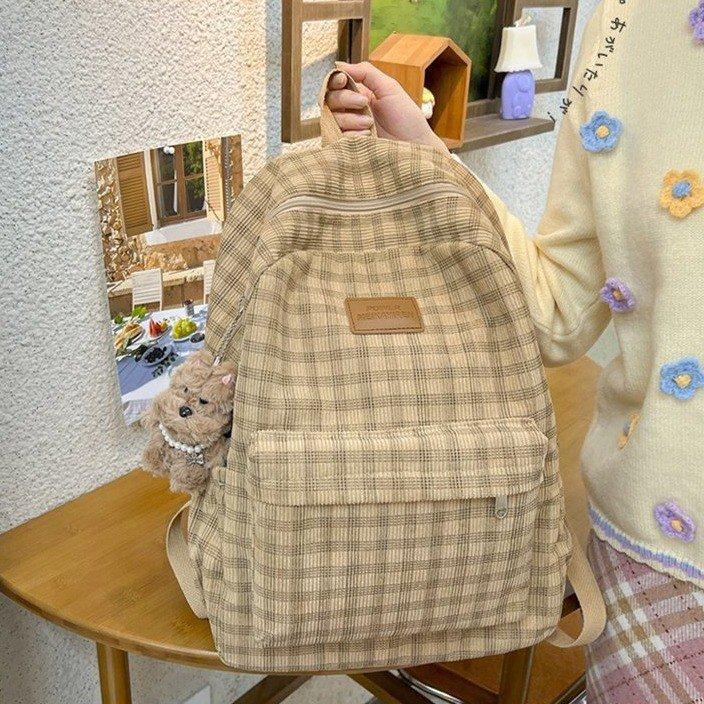 Mori Style Corduroy Plaid Schoolbag Female Junior High School Student Large Capacity Casual Versatile Backpack Travel Backpack