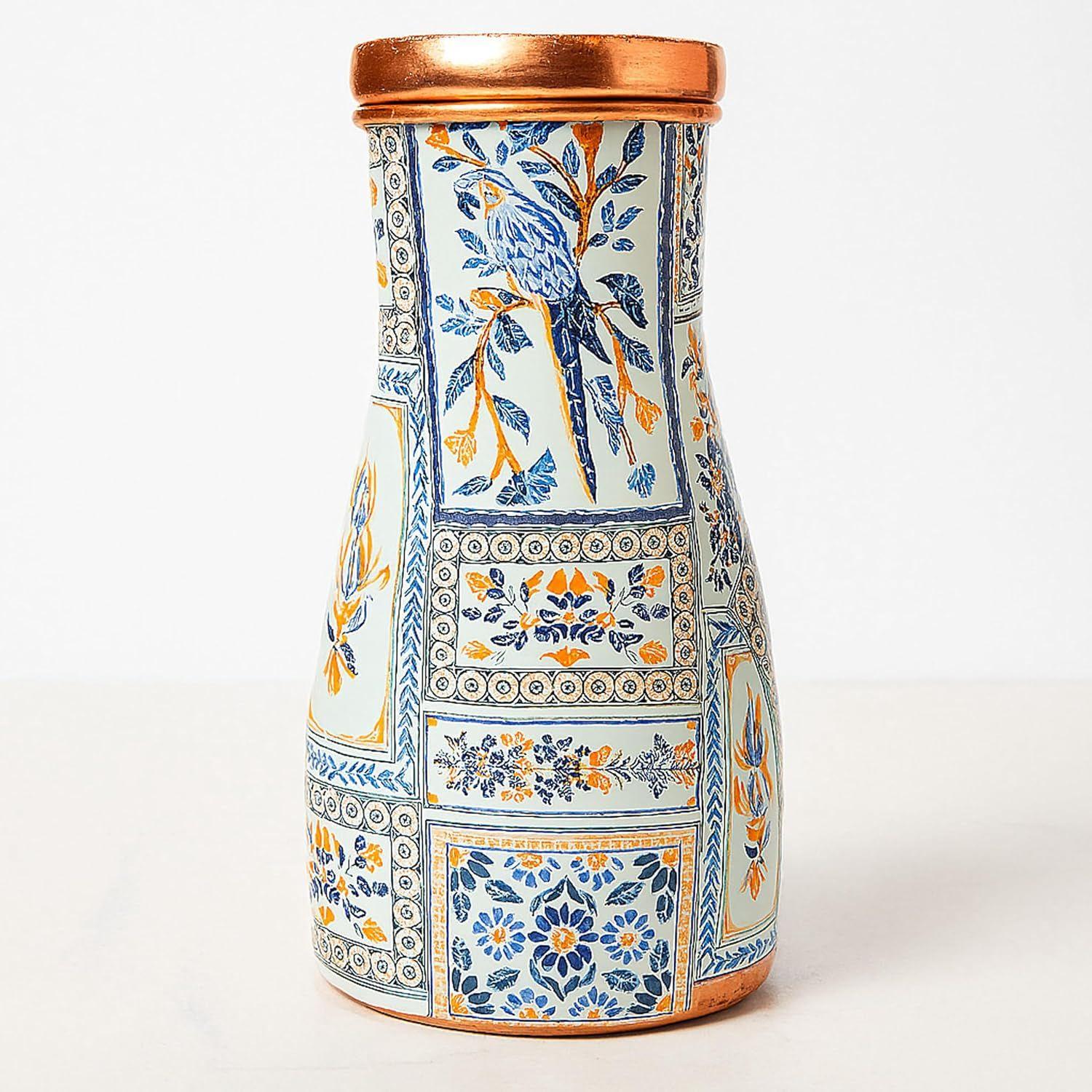 

Кувшин из чистой меди со встроенной кружкой – Ручная работа, принт в технике мина (1,4 литра) | Роскошный прикроватный графин и кувшин для здоровой питьевой воды