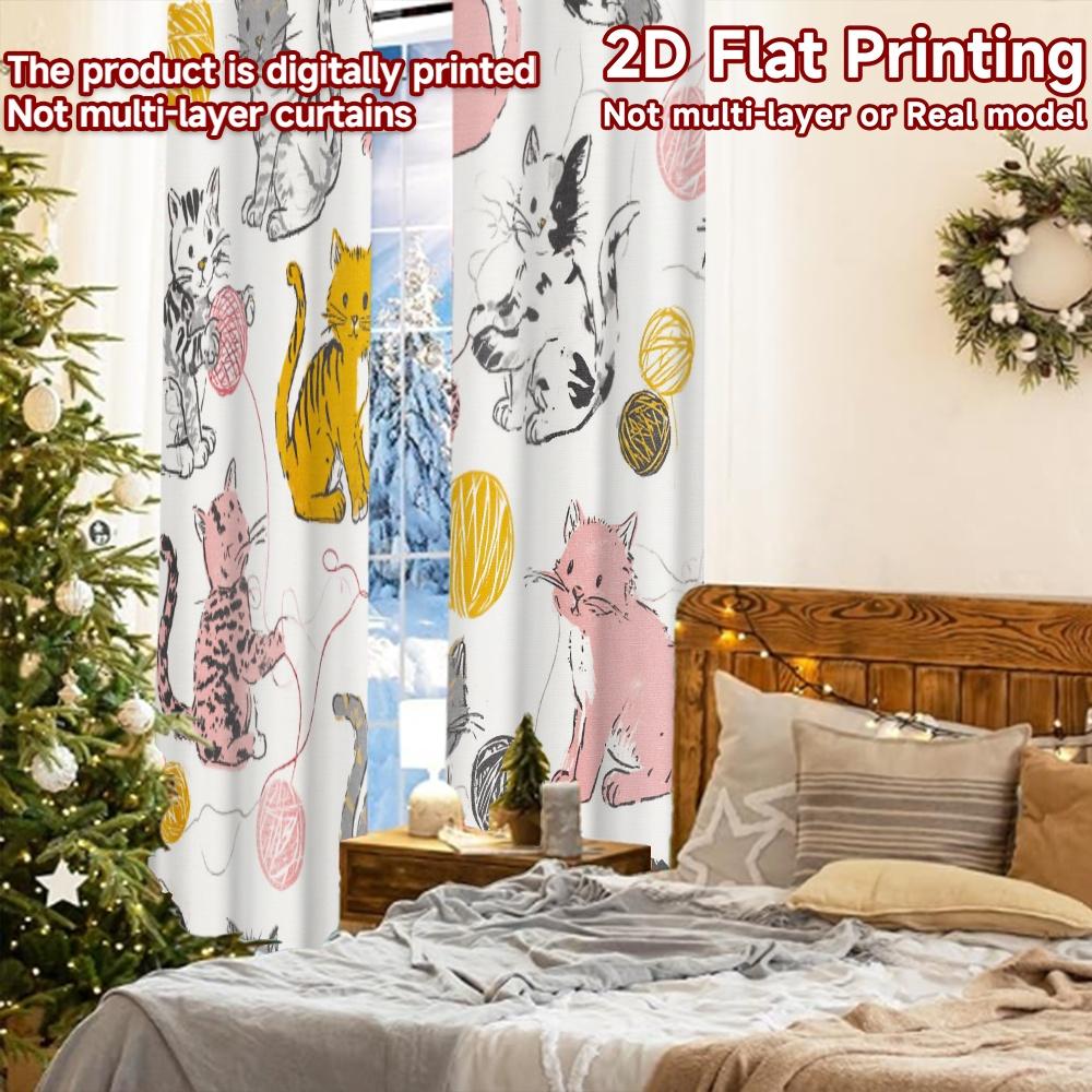 2pcs, 2D FLAT PRINTING Curtains (Without Rod) Cat Pattern Art Christmas Festival Fashion Curtains Polyester Easy Install