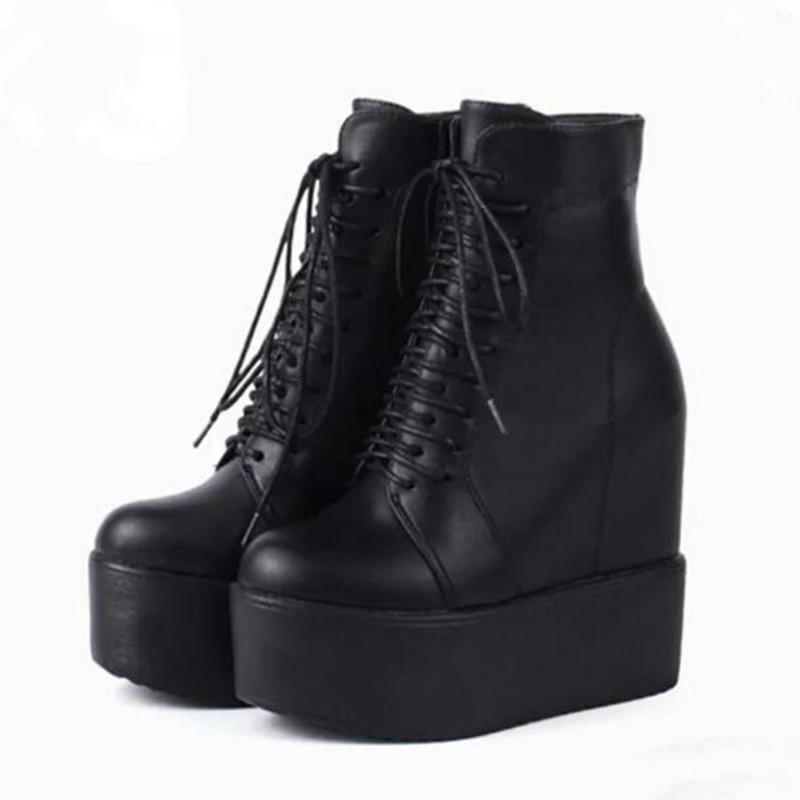 14CM Absatzsteigerung Damenstiefel Mode Punk Stil Gothic Stiefel Keile Plateau Stiefel Schnürung Leder Knöchelhohe Stiefel Botas Mujer