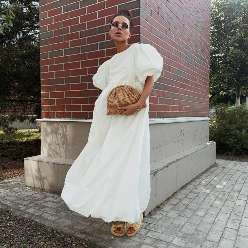 Robe à col rond et manches bouffantes 100% coton pour femme, Robe décontractée ample unie pour le printemps et l'été, Style européen américain