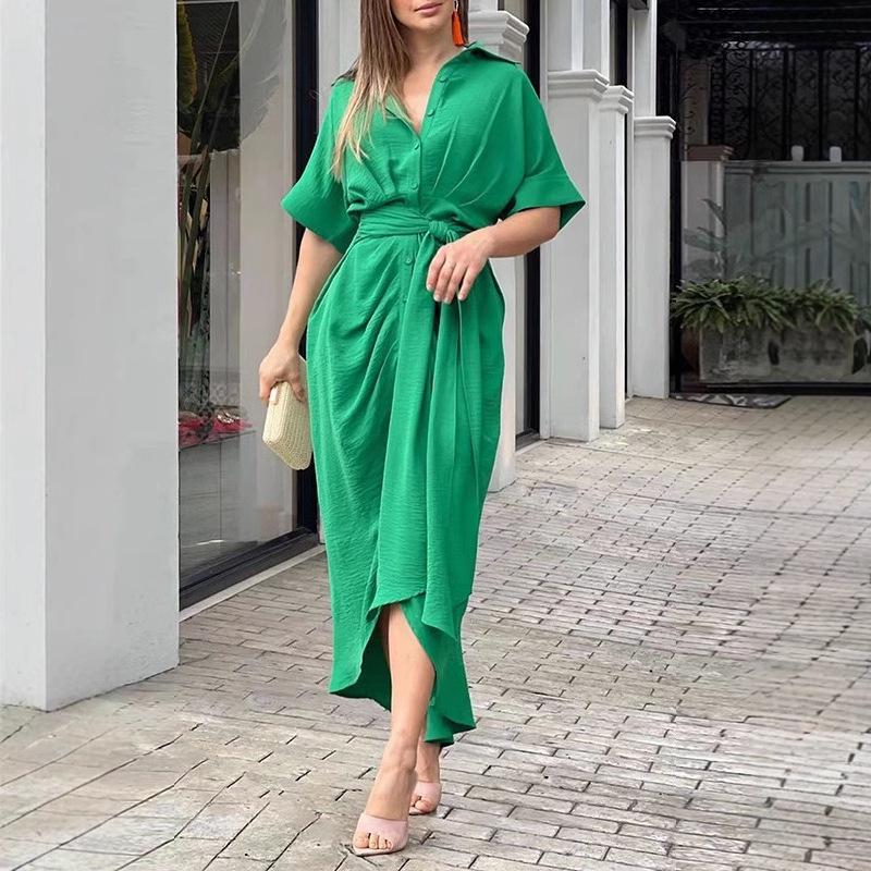 European & American Women's Fashion Print High Waist Short Sleeve Shirt Dress