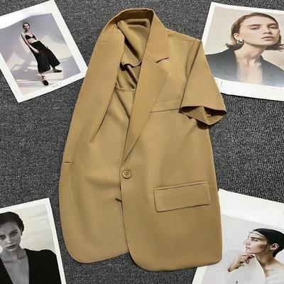 Modische, einfarbige, lockere Anzugjacke mit kurzen Ärmeln für Damen, dünner Sommerabschnitt, kleine Statur, auf Stil ausgelegt, charmantes Khaki