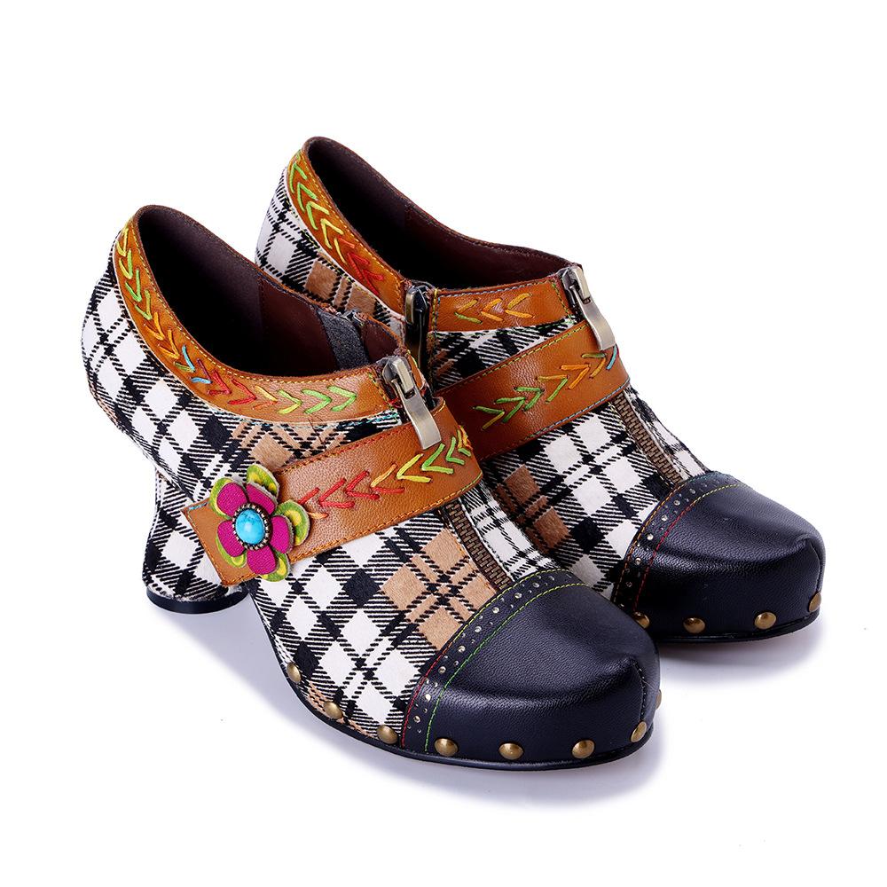 Johnature Retro Plaid Patchwork Comfortable High Heels Genuine Leather Rivet Fashion Women's Pumps
