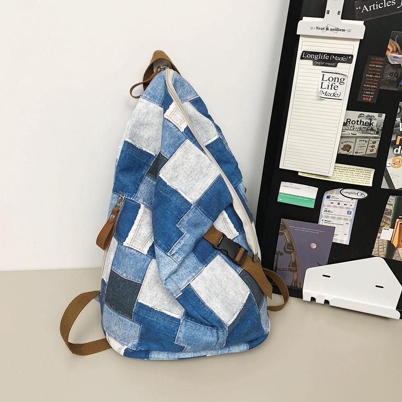 Denim Color Block Dámský batoh Pánské kostkované batohy Velkokapacitní taška přes rameno Studentská školní taška