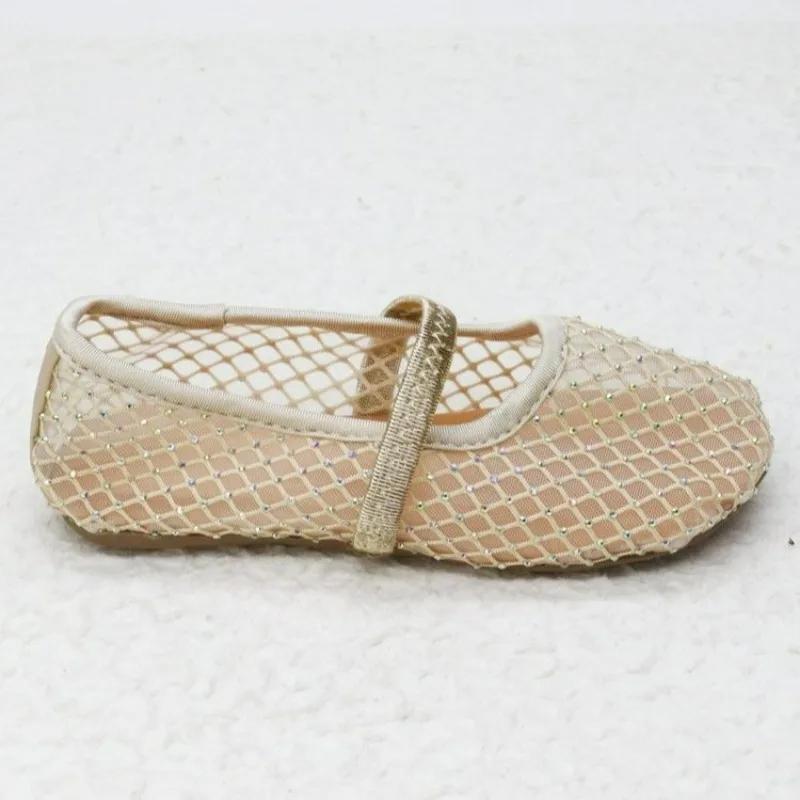 Luxury Lace Mesh Ballet Flat Kid Girls Elegant Design Rhinestones Covered Fishnet Ballerina Shoes Children Dress