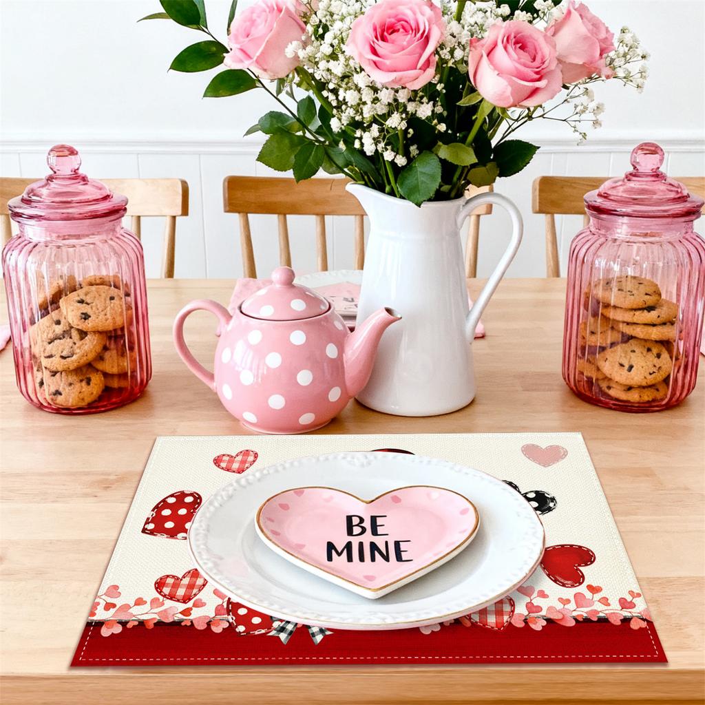 1-Set Gnome Couple Placemats - Buffalo Plaid & Polka Dots with Hearts & Bows, Hand Washable Table Mats Suitable for Valentine's Day