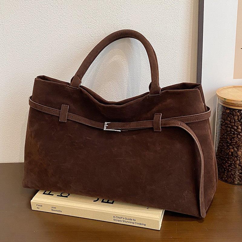 Designer Suede Tote Bag,Vintage Large Capacity Belt Buckle Women Top Handle Handbag,Retro Coffee Color Underarm Shoulder Bag