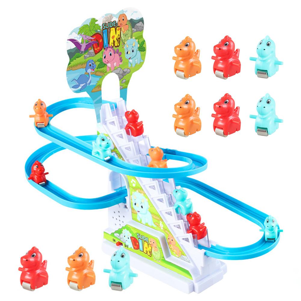 Kids Electric Climbing Stairs Toy DIY Small Penguin Dinosaur Rail Racing Track Music Roller Coaster Duck Toy For Baby Kids Gift