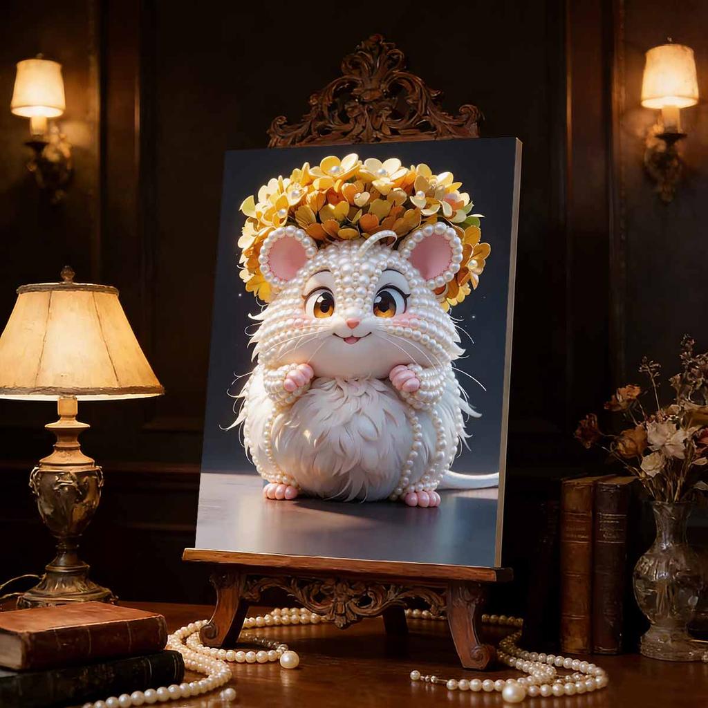 5D DIY Frameless Pearl Painting Hamster and Flowers Pattern Painting Kit Suitable for Home Living Room Bedroom and Other Wall Decoration Art Paintings