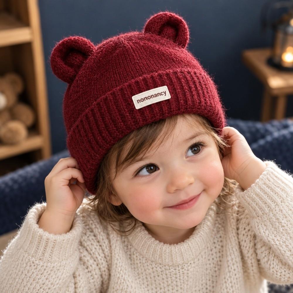 Warm Lining Bear Ear Baby Hat Solid Color Kids Winter Hat Cute Cartoon Baby Cap Winter