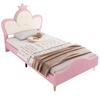 Upholstered Bed, Children's Bed, with Soft Protective Edges, Monochrome LED Strip, Headboard with Crown, Single Bed, PU, Pink+White, 90x200CM