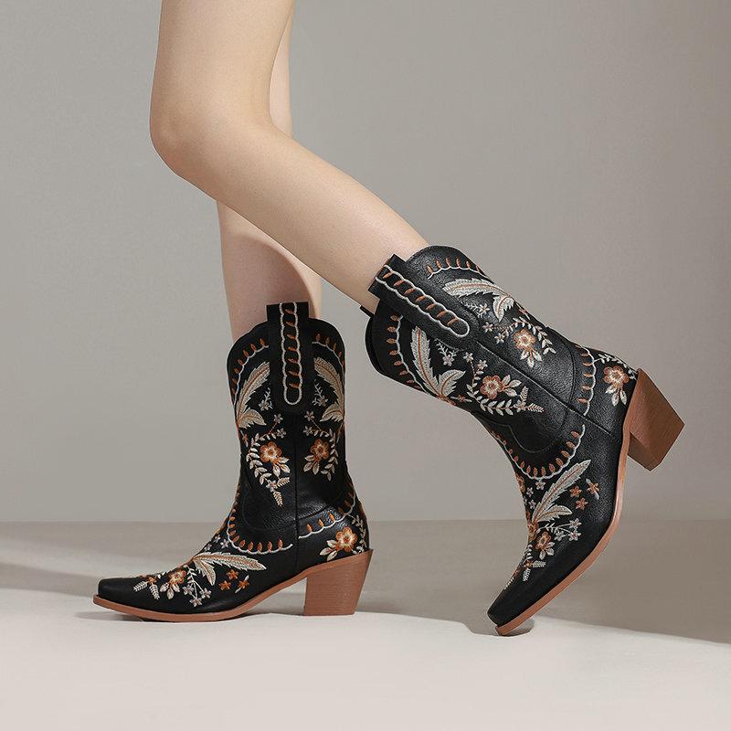 Western Cowboy Boots Embroidered Retro Square Head Tall Boots Thick Heel High Heel Medium Boots Bohemian Knight Boots Long Boots
