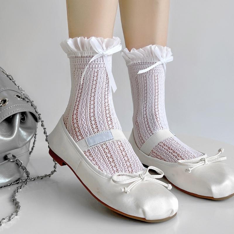 Women Booties Socks Ruffle Turn-Cuffs Summer Crew Socks Ballet Style Lace Ankle Socks Cute Bowknot Middle Tube Socks