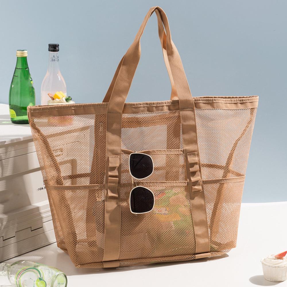 

Nylon Mesh Beach Bag Hollow Out Swimming Bag Soild Color Toiletry Storage Bag Women коричневий