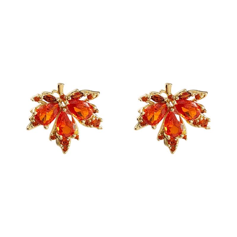 Elegant Red Maple Leaf Zircon Stud Earrings - Autumn/Winter Luxury