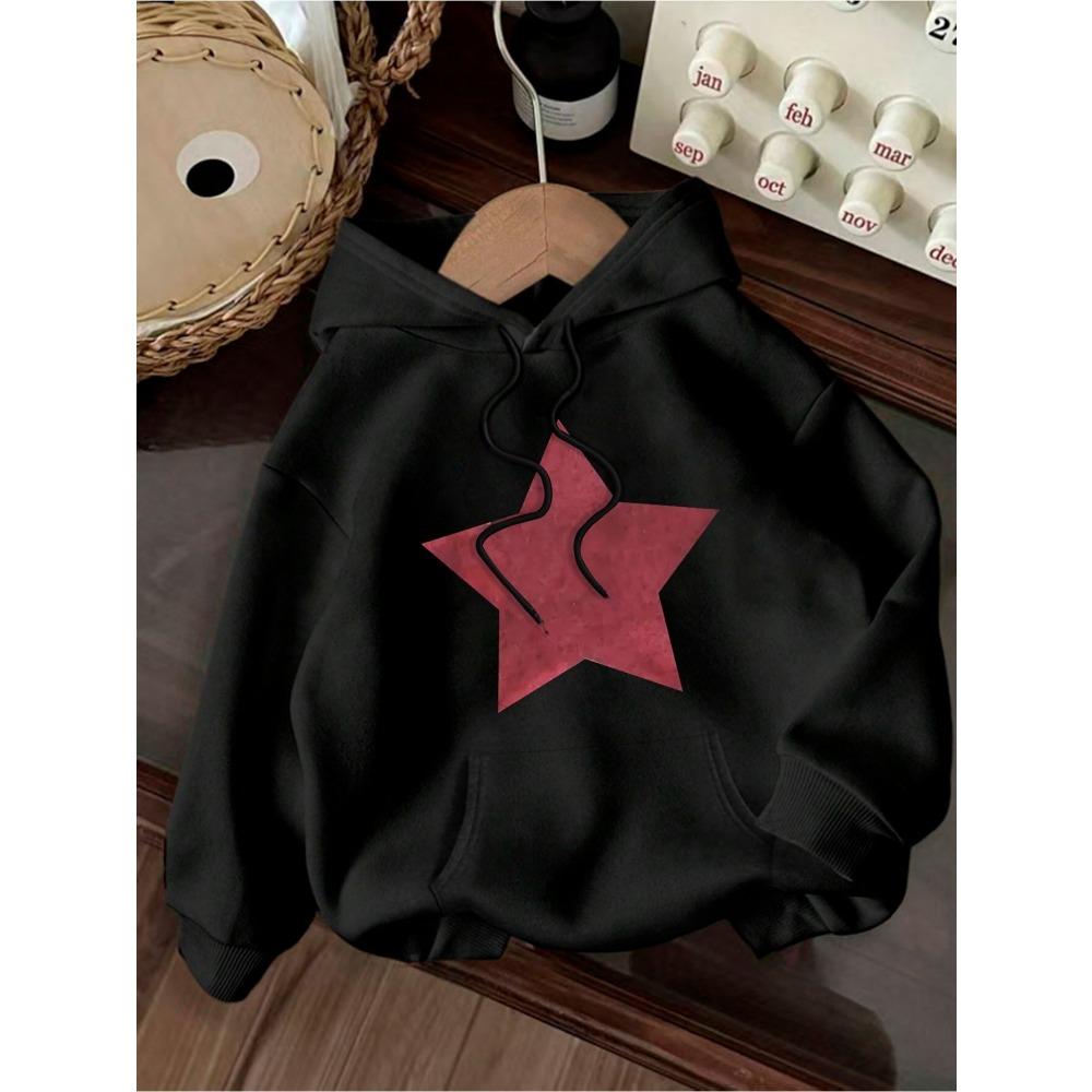 Retro Fünfzackiger Stern Musterdruck 2025 Herbst Winter Damen Hoodie Rundhals Langärmlig Lässige Damenbekleidung