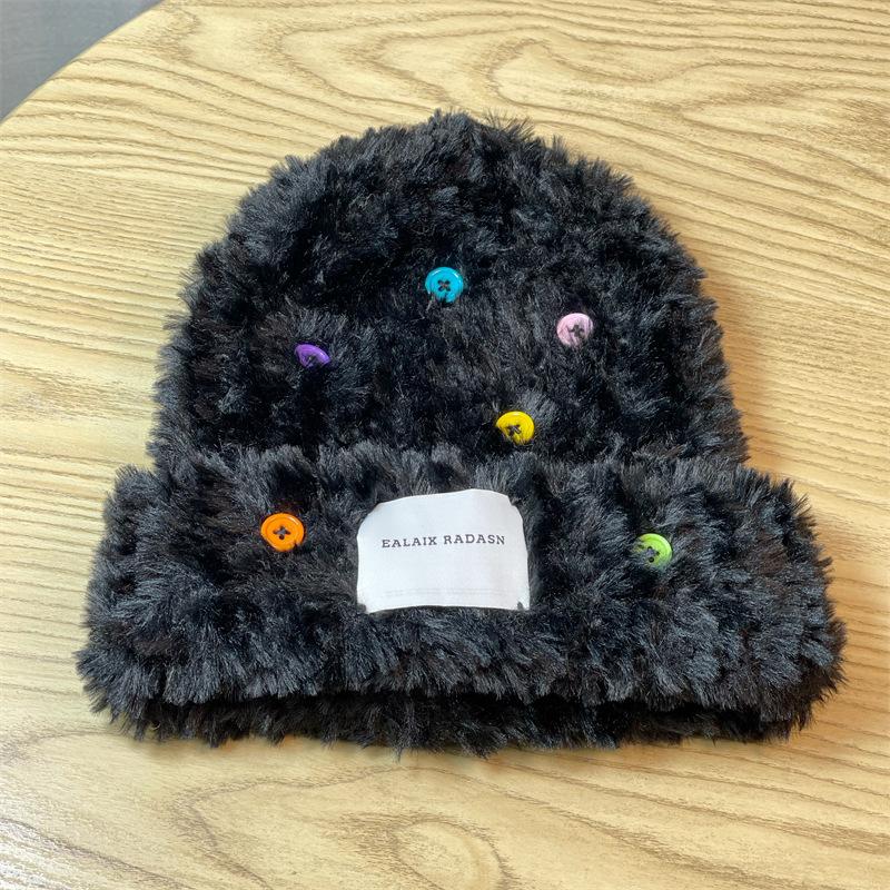 

Button Plush Knitted Hat for Women Korean Version Versatile Autumn and Winter Thickened Warm Couple Wool Hat Trendy one size