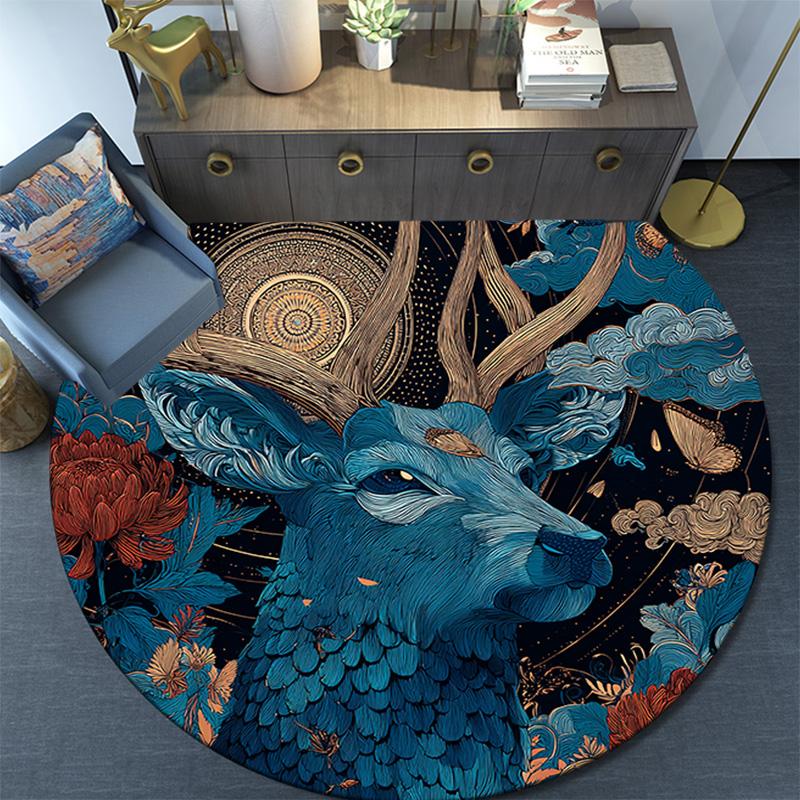 Deer Round Area Rug,Carpet Rug for Living Room Bedroom Sofa Playroom Decor,Non-slip Floor Mat