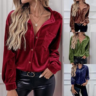 Velvet  Solid Color Women's Blouse Long Sleeved    Versatile Autumn   Item Lapel Pocket Button  Women's Blouse
