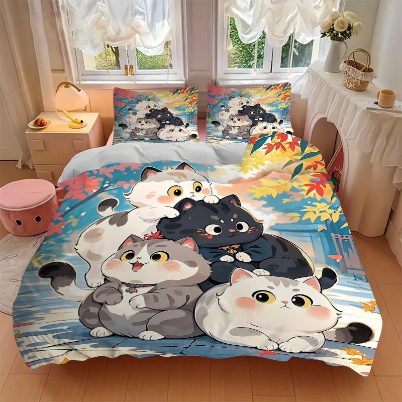3pcs Four Cute Lucky Cats Pattern Bedding Three-Piece Set (1 Cover + 2 Pillowcases, No Fillings), This Printed Bedding Set Is Soft and Comfo
