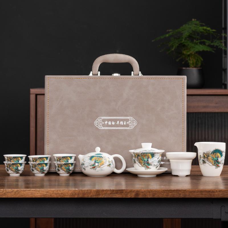 Kung Fu Teeset, Guochao Keramik Deckelschale, Haushalts-Komplettset Teetassen für Führungskräfte, Geschäftsgeschenke