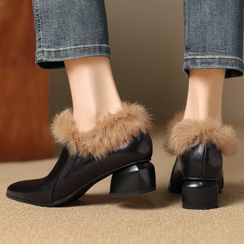 Autumn Women's Plush Warm Ankle Boots Elegant Pointed Toe High Heels Elastic Band Slip-on Chelsea Boots Fashion Block Heel Shoes