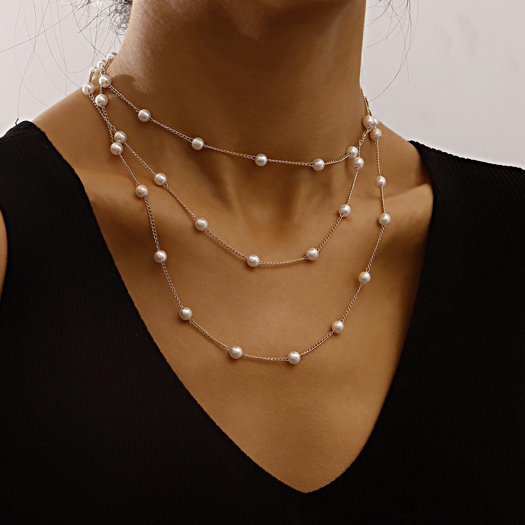 Simple geometric fine chain pearl multi-layer necklace, personalized light luxury pearl necklace