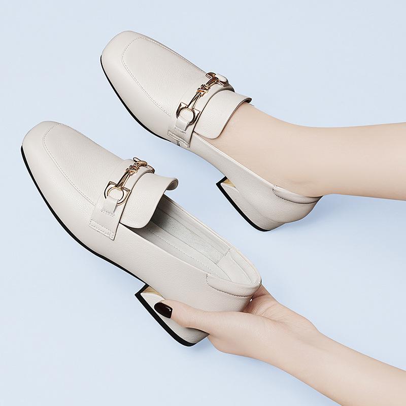 Loafers Women's Leather Thick Heel Autumn Small High Heel Single Shoes One Pedal Versatile British Style Small Leather Shoes