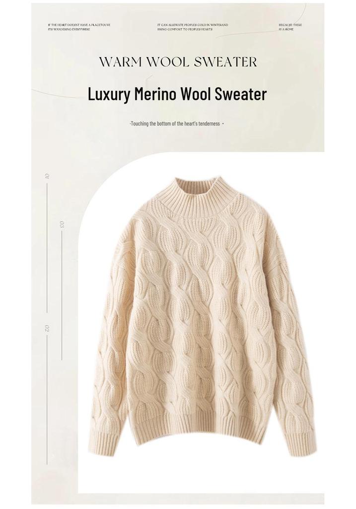 Women's Red 100% Pure Wool Lantern Sleeve Sweater with Half-High Collar and Twist Pattern - Loose Knit Pullover