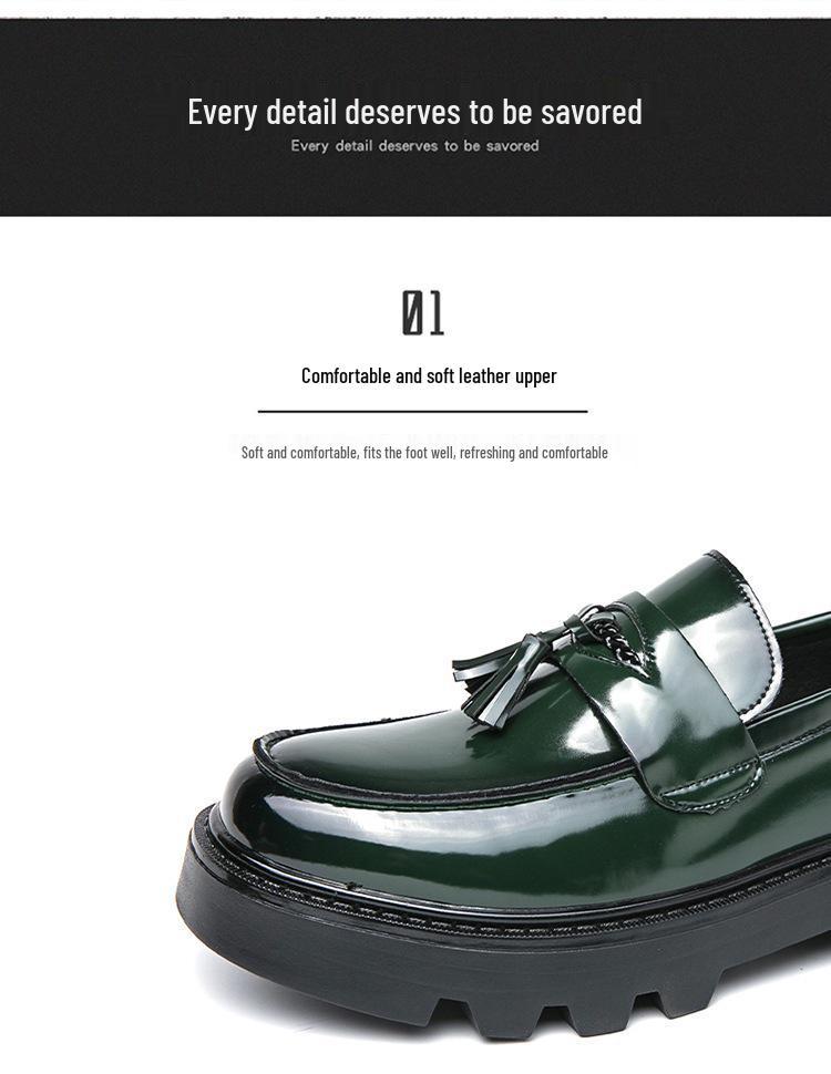 Men's Shiny Tassel Pointed Toe Leather Slip-On Loafers with Thick Sole - Plus Size Formal Casual Shoes